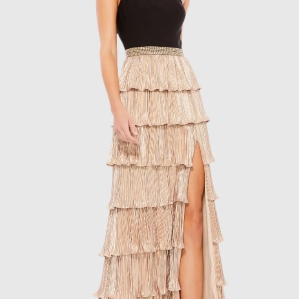 Black and Gold One-Shoulder Ruffle Tiered A-Line Gown